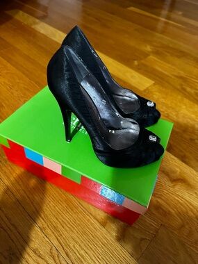 Charles David Black Satin Peep-Toe Heels with Rhinestone Accent